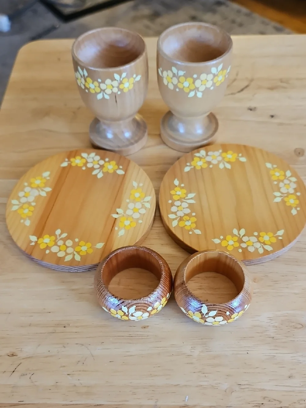 Hand-Painted Wooden Egg Cups, Coasters & Napkin Rings - Yellow Floral
